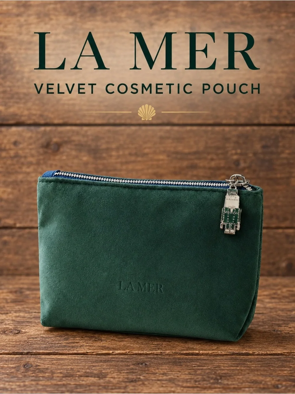 LA MER Green Velvet Cosmetic Bag New Holiday Nutcracker Charm Blue Lining